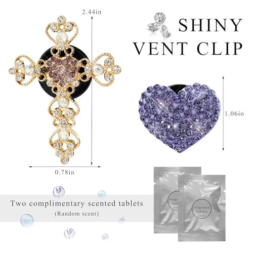 Image of 2 PCS Bling Car Vent Clip, Crystal Rhinestone Cross and Heart Car Air Fresheners Vent Clips, Diamond Car Air Conditioner Outlet Decoration Charm for Women, Car Accessories (Purple)
