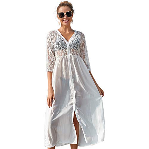 Robe de plage maxi en dentelle blanche pour femme avec manches 3/4 et col en V