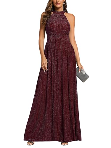 Ever-Pretty Women's Sexy Halter Sleeveless Pletaed Floor Length Glitter Evening Formal Dress 41961