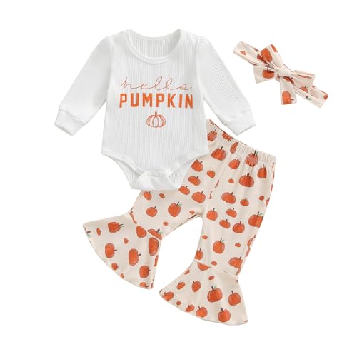 My First Halloween Baby Girl Outfit Pumpkin/Ghost Long Sleeve Romper Bell Bottoms Headband Cute Fall Clothes (Orange Hello Pumpkin 0-3 Months)