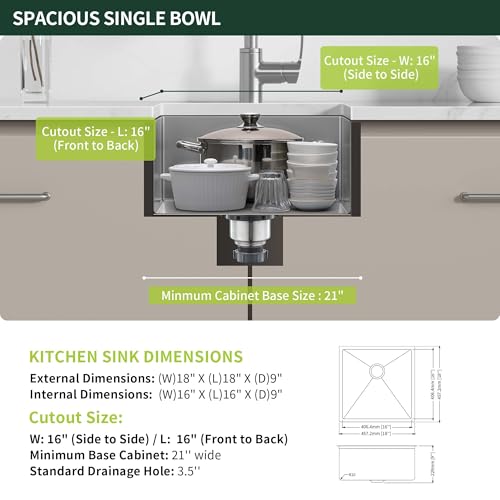 Image of 18-Inch Undermount Bar Sink, SINKVINE Stainless Steel Single Bowl