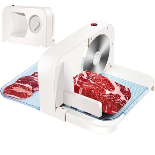 Cortadora Carne Eléctrica，Cortadora Alimentos Plegable – Hoja Dentada Inoxidable 16.5cm，Grosor Ajust 1-15mm, Empujador Alimentos，para Hogar Res Cerdo Salmón Pan Queso Embutidos