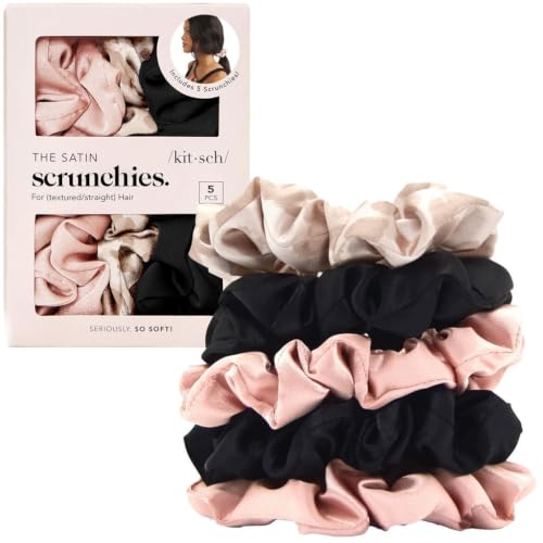 Image of Kitsch Satin Scrunchies for Women | For All Hair Types - Assorted, 5pcs | Wake Up Frizz-Free, No Crease Hair Ties | Softer Than Silk Scrunchies | Stylish Hair Accessories