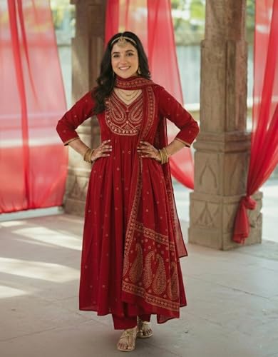 Image of GoSriKi Rust Anarkali Kurta Set for Women with Dupatta | Cotton Kurti Set for Woman | Embroidered Anarkali Suit for Women Kurti Pant Set with Dupatta | Suit Set for Women Latest