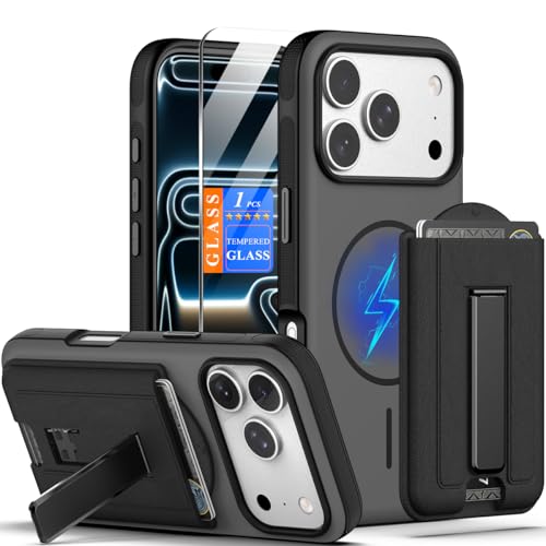 Image of Nvollnoe for iPhone 17 Pro Case with Card Holder & Screen Protector, Compatible with Magsafe, Built-in Kickstand, Detachable Magnetic Wallet Case for iPhone 17 Pro(Black)