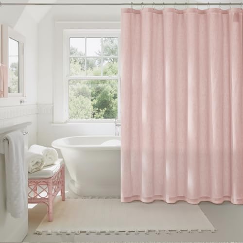 NICETOWN Pink Linen Textured Shower Curtain Set Waterproof, Semi Sheer Light Filtering Privacy Farmhouse Fabric Bathroom Decor with 12 Rustproof Metal