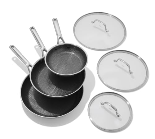 Image of OXO Hybrid 8 inch 10 inch & 12 inch Frying Pan Skillet Set With Lids, PFAS-Free Ceramic Nonstick, Fusion Boost Tech, Powerful Searing, Induction & All Cooktop Compatible, Dishwasher Safe, Mirror Polished Tri-Ply