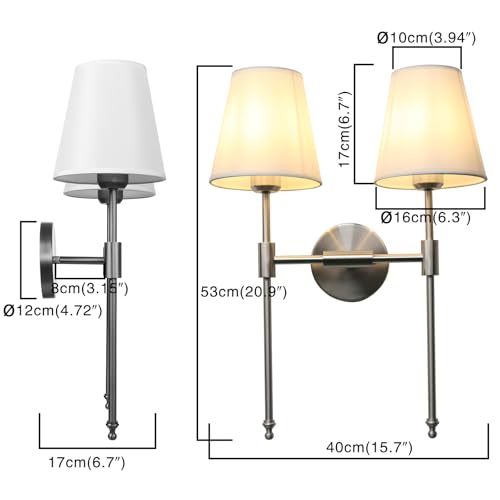 Image of PERMO Industrial Double Sconce Large 2-Lights Wall Sconce with Flared White Textile Lampshade and Brushed Nickel Finished Long Arm for Bathroom Bedroom, Hardwired Wall Sconces