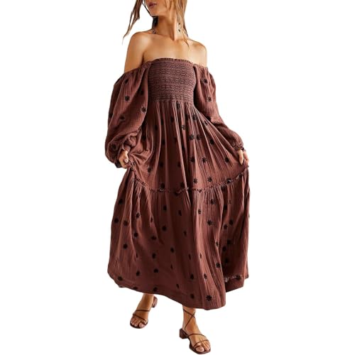 Women Floral Embroidered Maxi Dress Long Puff Sleeve Square Neck Bohemian Flowy Dress with Pockets Summer Fall