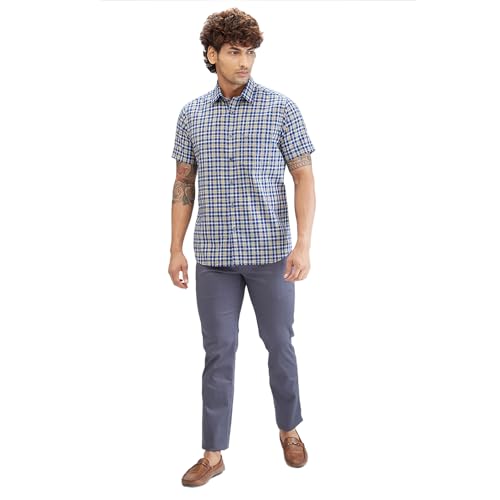 Image of Colorplus Men's Regular Fit Checks Pattern Pure Cotton Plain Collar Half Sleeve Casual Shirt