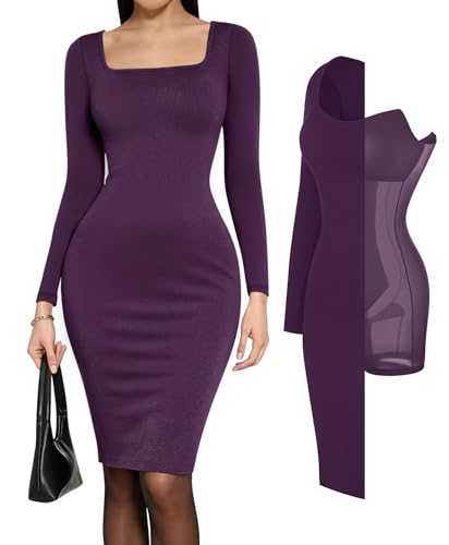 Image of Popilush Long Sleeve Midi Dresses for Women, Built-in Bra Shapewear Dress | Bodycon, Tummy Control, Square Neck, Cocktail Party and Dinners