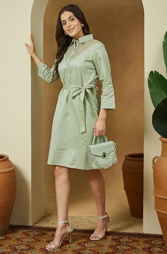Image of Janasya Women's Sage Green Cotton Embellished A-line Tie-up Dress