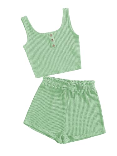 Image of RoseSeek Girl's 2 Piece Outfits Waffle Knit Scoop Neck Button Down Crop Tank Tops Paperbag Waist Track Shorts