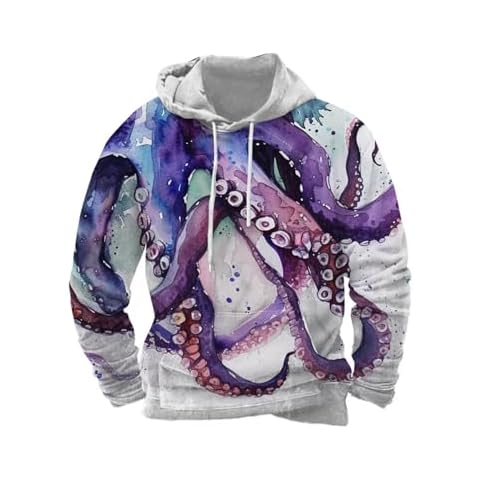 QANSI Mens Novelty Animal Printed Hooded Sweatshirt Casual Long Sleeve Drawstring Pullover Hoodies Pocketed Octopus Purple 3XL Cover