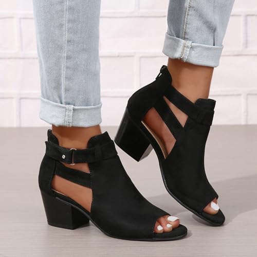ZBYY Womens Peep Toe Ankle Booties Chunky Heels Cutout Back Zipper Sandals Suede Side Ankle Strap Dress Sandals3