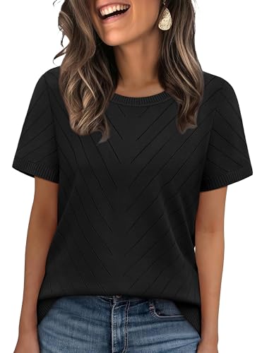 WIHOLL Ladies Tops Short Sleeve Jumpers for Women UK Crew Neck Womens Sweaters Knitted Tunic Black Size 22-24