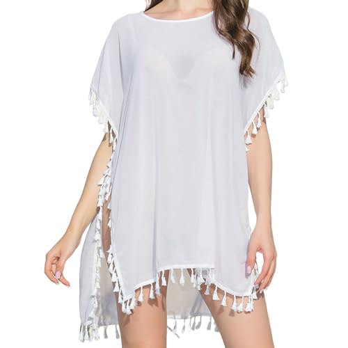 Strandkleid Damen, Chiffon Sommerkleider Leicht, Longbluse Quasten, Tunika Sommer Lang, Pareos Strandponcho Badekleid, Plus Size (DE/NL/SE/PL,...