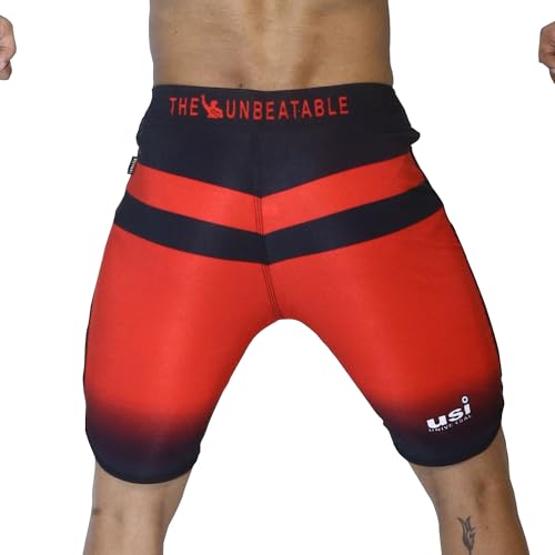 Image of USI Universal Shorts for Men, 411PT Triangle Physique Board Shorts, Fitness Shorts, Polyester Elastane Construction, Hook Loop Fly (Large, Red)