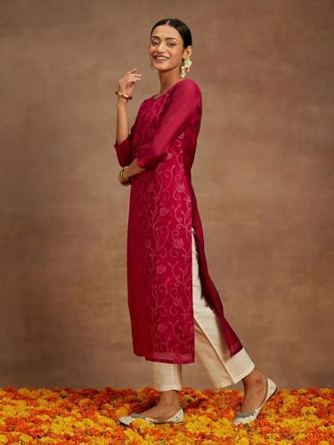 Image of Libas Womens Embroidered Silk Blend Straight Kurta for Women | Ethnic wear | Bridal Suit | Wedding Dress | Occasion wear
