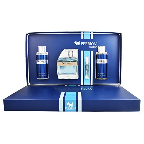 La Mejor Selección de Perfumes Ferrioni para comprar online. 33 Set Ferrioni UOMO 4 pz 100 ml Edt Spray + Body Shampoo 150 ml + After Shave 150 ml + 6 ml Edt de Ferrioni