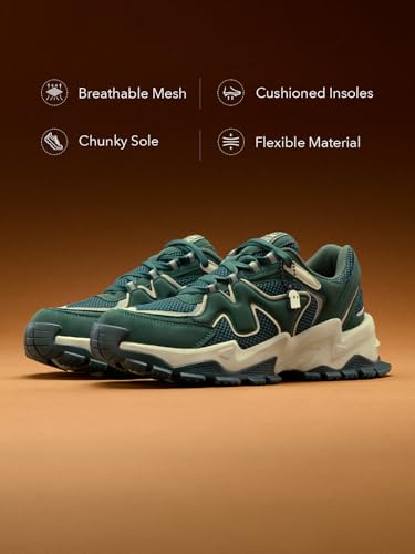 Image of The Souled Store Fumes NX: Sage Men and Boys Low Top Sneakers Green and Off White Streetwear Chunky Trainer Breathable Mesh Cushioned Midsole Durable Sole Lace Up Lightweight Padded Collar
