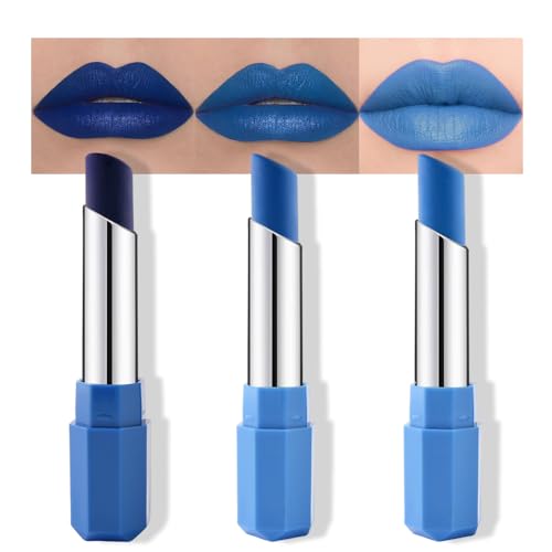 IATMOMOD 3 Pack Steel Blue Neutral Blue Light Blue Cream Matte Lipstick Stick Longwear Velvet Lip Color Waterproof Multi-Use Lip & Cheek Makeup for Party Daily Wear