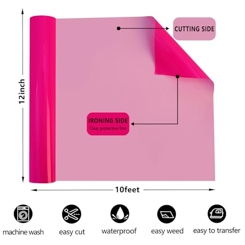 Image of FUNKAKA Fluorescent Pink HTV Heat Transfer Vinyl Rolls, 12 inch x 10ft Neon Pink Iron on Vinyl for All Cutter Machines PU Stretchy HTV Vinyl for T-Shirt Easy to Cut & Weed for Heat Transfer Design