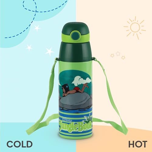 Image of CELLO Kidzbee Orb 600 Inner Steel Insulated Water Bottle 500 ml, Green | 3D Touch & Feel Jungle Book Design, Leakproof Flip Top Spout, Easy to Carry, Cold Water Bottle for Kids School