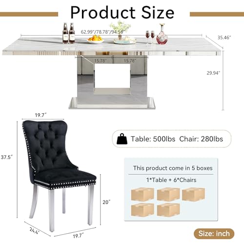 Image of 7-Piece Extendable Dining Table Set for 6, Modern 63 inch-94 inch White Marble Expandable Kitchen Table Set with 6 Velvet Chairs, Large Extendable Dining Room Tables with Mirrored U-Shape Base