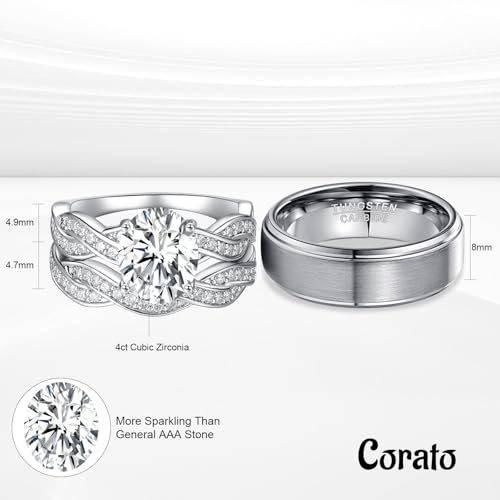 3PCS Wedding Rings for Him and Her,Promise Rings for Couples Men's Tungsten Band & White Gold Plated 4CT Bridal Set with Oval Cut Cubic Zirconia, Solitaire, Infinity Knot Engagement Ring, Promise Rings Couples4