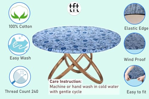 Image of The Furnishing Tree Elastic Cotton Round Dining Table Cover 36x36 in Inches Floral Navy Blue