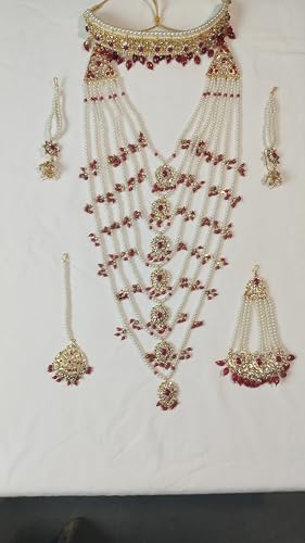 Image of TAZAKKA satlada traditional indian seven stand pearl necklace mughal hisporicall with jadavi earrings side jhumar maang tikka 5pies set