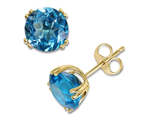 14K Yellow Gold 8mm Genuine Blue Topaz Round Stud Earrings