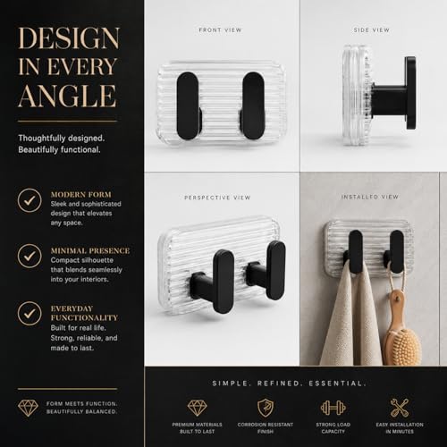 Image of SIGNAMIO 8 Hook Self Adhesive Wall Hooks for Wall Heavy Items, Adhesive Wall Hook, Wall Hooks for Hanging Clothes, Kitchen & Bathroom Accessories, Stick On Hooks for Wall Without Drill -Black