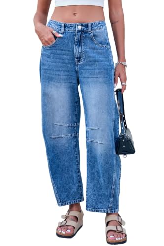 GREAIDEA Barrel Jeans for Women Mid Rise Baggy Trendy Cropped Denim Pants