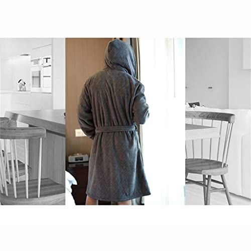 JATDHY Dark Gray Cashmere Winter Bathrobe Men's Flannel Hooded Tie Men's Thick Warm2