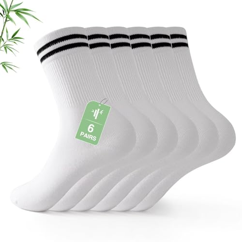 FALARY Bamboo Socks Mens 9-12 White Sports Running Crew Socks 9-11 Multipack of 6 Striped Anti Blister Soft Camfortable Fashion for Gym Athletic Skateboarding Tennis Basketball
