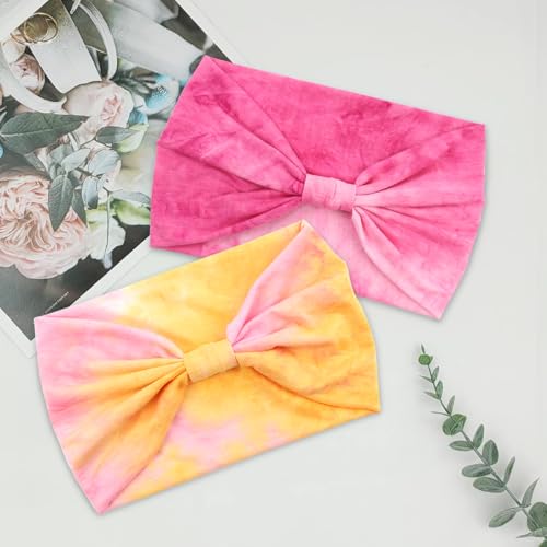 Image of MAYCREATE 2Pcs Head Bands for Women, Wide Hair Bands for Womens, Stretchy Pre-Tied Sport Hair Band, Fashion Sweat Headband for Women, Moisture-Wicking Polyester, Quick Dry Headwear (Pink & Orange)