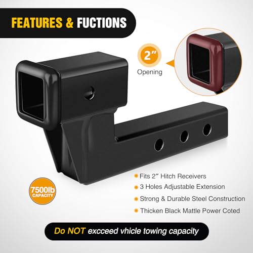 Image of Nilight Trailer Hitch Extension Riser for 2 Inch Receiver with 4 inch Rise or Drop with Bolt Nut Clip 7,500 lbs Capacity Adjustable Extend 5 inch 7 inch 9 inch Length Matte Black Powder Coated