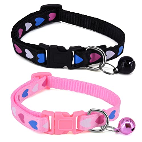 2 Pack Cat Collar with Bell, Adjustable Cute Kitten Collars Nylon Unbreakaway Pet Collars 7.5"-12.5" Heart Printed Dog Collar with Safety Buckle for Kitty Puppy Small Dogs Boy Girl Cats (Pink, Black)