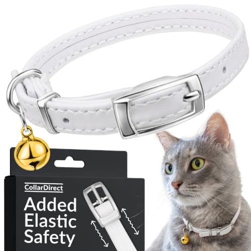 Image of Soft Leather Cat Collar with Safety Elastic Strap - White