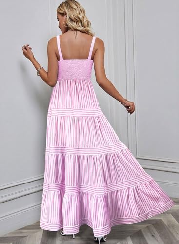 Image of Maxi Dresses for Women 2025 Summer Pink Striped Long Sundresses Casual Flowy Sexy Spaghetti Strap Smocked Sleeveless Empire Waist Beach Vacation Trendy Sun Dress