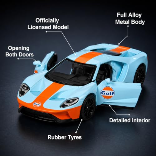 Image of Wizplex CCA 2017 Ford GT Gulf 1:64 Officially Licensed Premium Die Cast Metal Car in Acrylic Display Case - Openable Doors, Collectible Supercar Showpiece for Collectors & Kids 3+