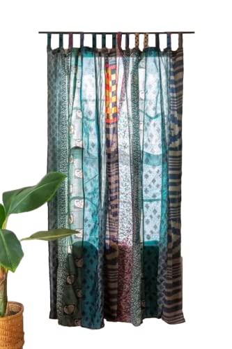 RAJBHOOMI HANDICRAFTS Cortinas Indias de Sari Vintage de Color Azul, Cortina de Seda para Puerta, decoración de Ventana, Cortinas de Retazos de Reciclaje de Sari 84 Inches Long