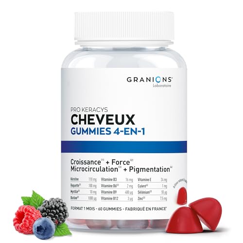 GUMMIES CHEVEUX 4-EN-1| PRO KERACYS GRANIONS | Vitamines pour Cheveux | Croissance + Force + Microcirculation + Pigmentation | Pousse rapide avec Biotine, Zinc, Vitamine B8 et Kératine. Format 1 mois