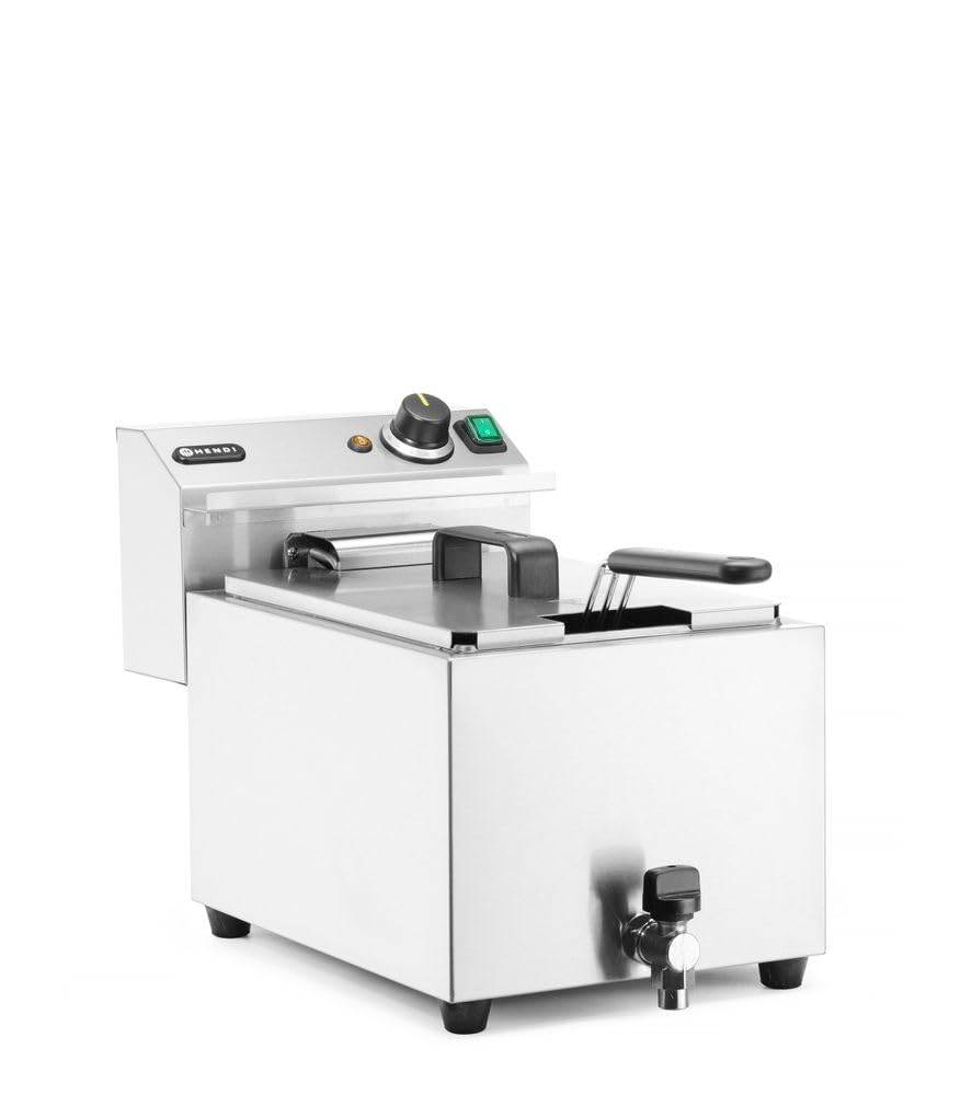 HENDI Fritteuse, mit Ablasshahn, Friteuse, Fritöse, einstellbar bis 190°C, Kaltzone, mit Frittierkorb und Deckel, 10L, 400V, 6600W, 302x687x(H)375mm, Edelstahl