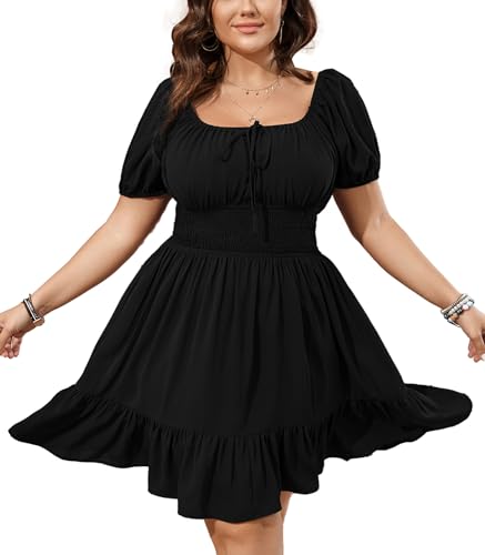 Womens Plus Size Short Lantern Sleeve Scoop Neck Mini Dress Elastic High Waist Summer Dresses Ruffle Wedding Guest Dress