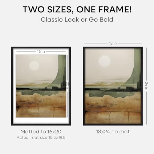 Image of Homeforia Black Wooden Frame 18x24, High End Oak 18x24 Wood Picture Frames with Mat 16x20 Photo, 18 x 24 Poster Frame Matted to 16 by 20 Print, 24x18 Hanging Frames, Tempered Glass, Wall Kit, Set of 1