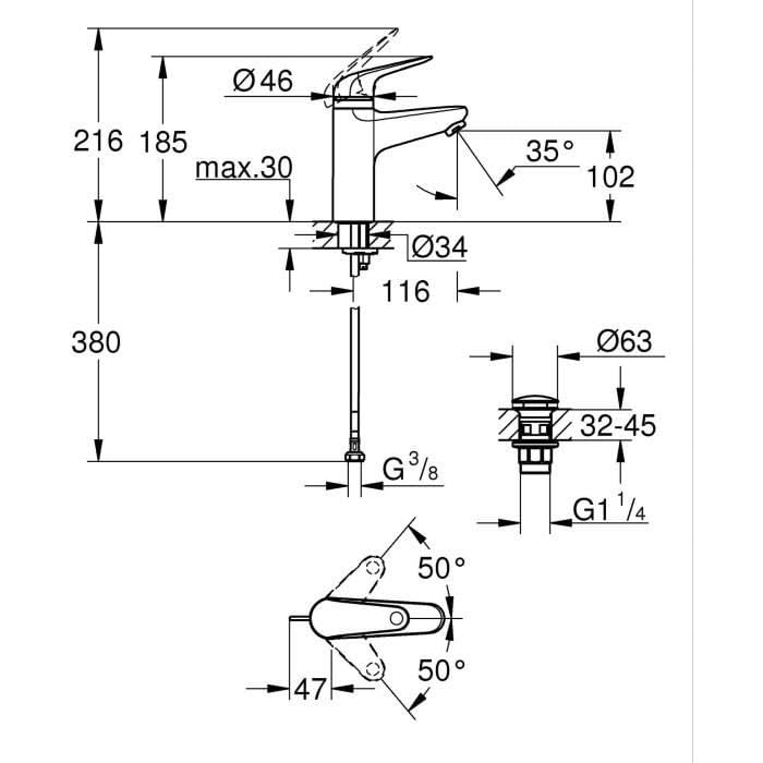 GROHE Swift QuickFix – bateria umywalkowa z zestawem odpływów wciskanych i blokadą zabezpieczającą przed dziećmi (rozmiar M 185 mm, wkład ceramiczny 28 mm, oszczędność wody, ogon, 3/20.3 cm, łatwy