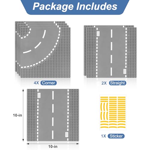 Image of 6 Pack Road Base Plates for Building, Compatible with Lego Classic Bricks, 10 inch x 10 inch Baseplates Fits for Lego Roads, Road Base Plates for City Sets (Attached DIY Stickers)